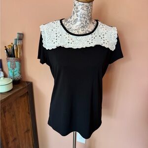 Karl Lagerfeld Black Top with White Lace Collar